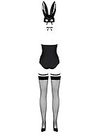 Bunny (woman), teddy costume, bows, garters, matching stockings